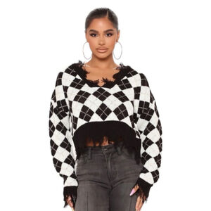 Just Polly White And Black Houndstooth Fringe Distressed Cropped Sweater sz S